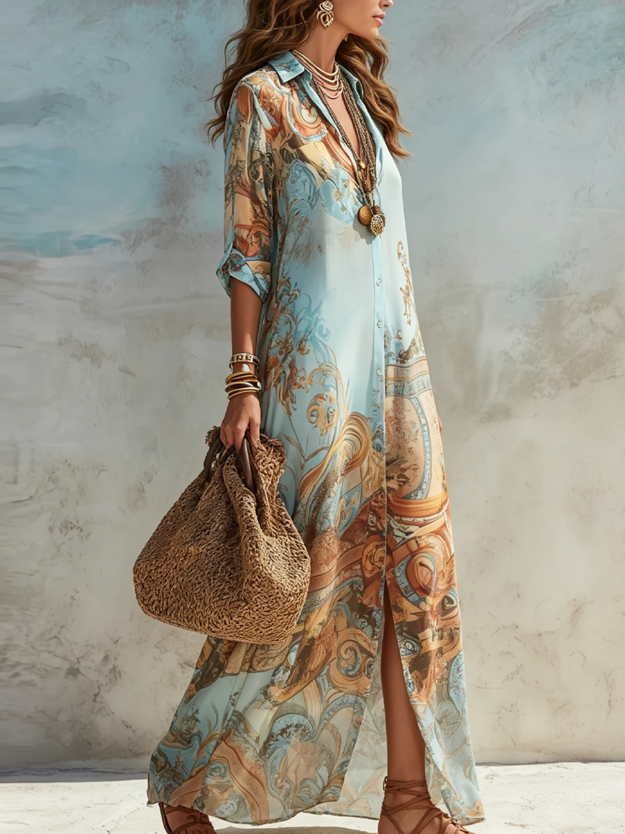 Sofía™ | Vestido maxi azul con estampado floral de estilo barroco en chifón