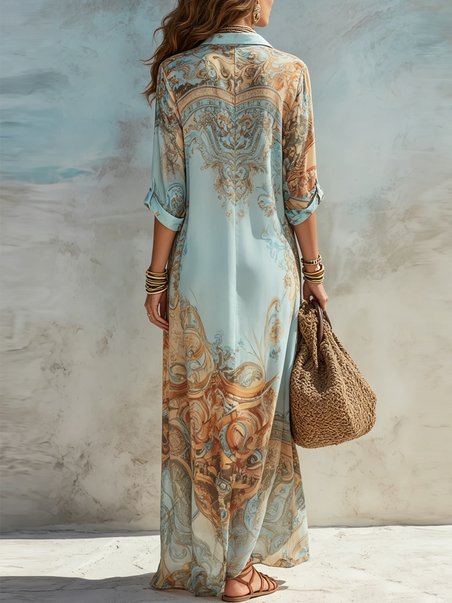 Sofía™ | Vestido maxi azul con estampado floral de estilo barroco en chifón