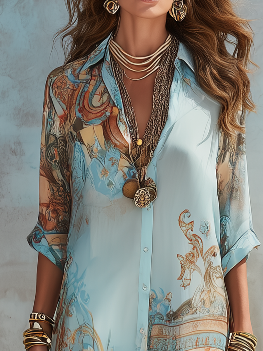 Sofía™ | Vestido maxi azul con estampado floral de estilo barroco en chifón