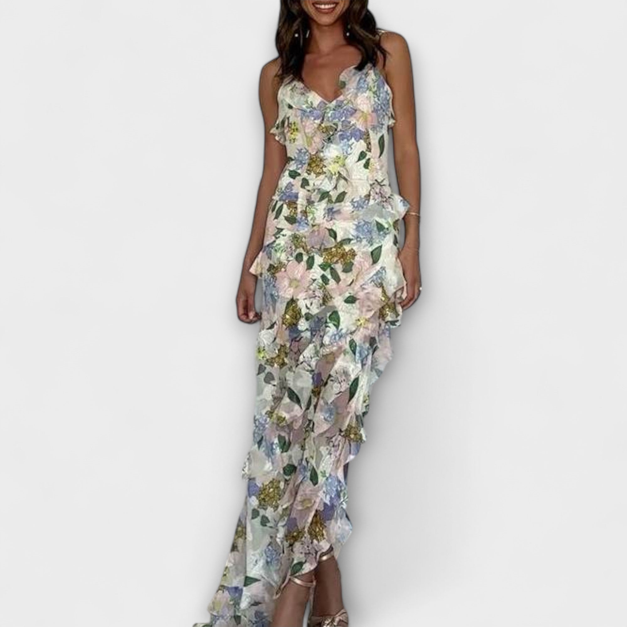 Indara - vestido de volantes con estampado en los tirantes