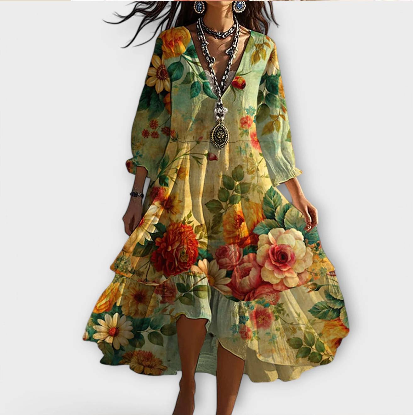 Miriam - Vestido vintage bohemio con estampado floral y escote en V