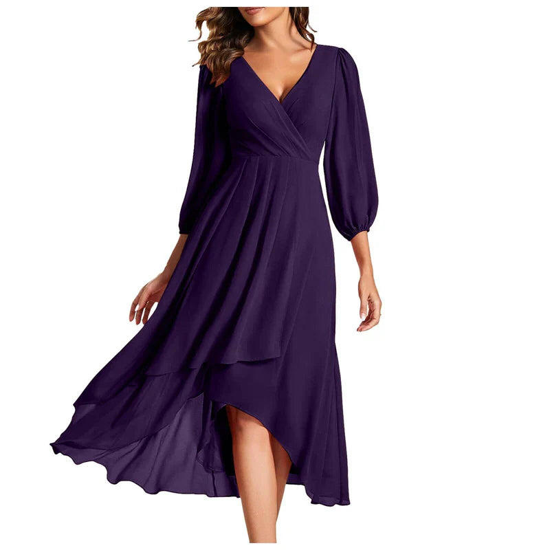 Victorina™ | Vestido elegante con dobladillo asimétrico y mangas fluidas. Un look refinado para cualquier ocasión