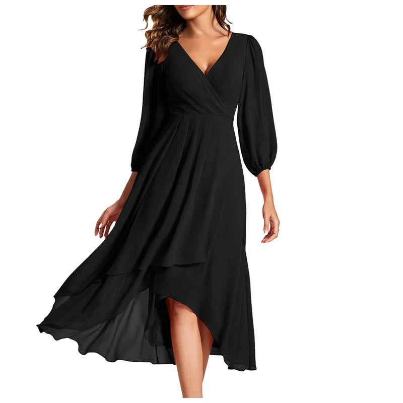 Victorina™ | Vestido elegante con dobladillo asimétrico y mangas fluidas. Un look refinado para cualquier ocasión