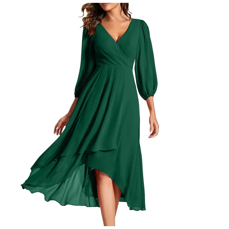 Victorina™ | Vestido elegante con dobladillo asimétrico y mangas fluidas. Un look refinado para cualquier ocasión